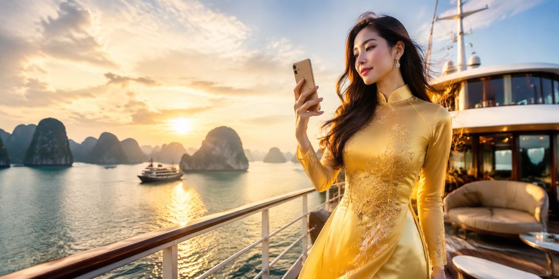 Người dùng Sài Gòn mặc áo dài truy cập casino di động trên điện thoại thông minh